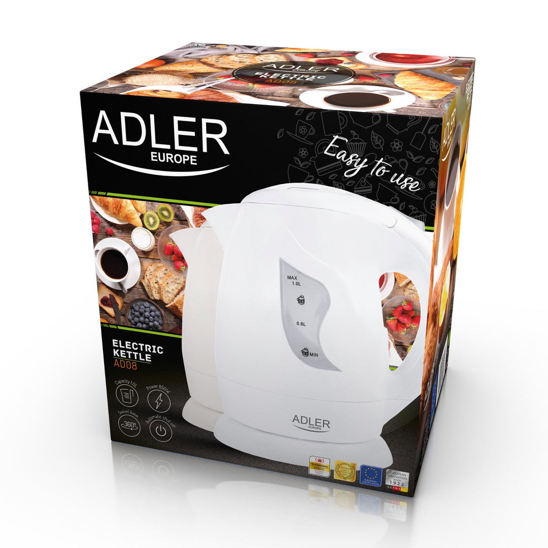 Hervidor de agua sin cable Adler, 850W, 1L, blanco, AD 08 w