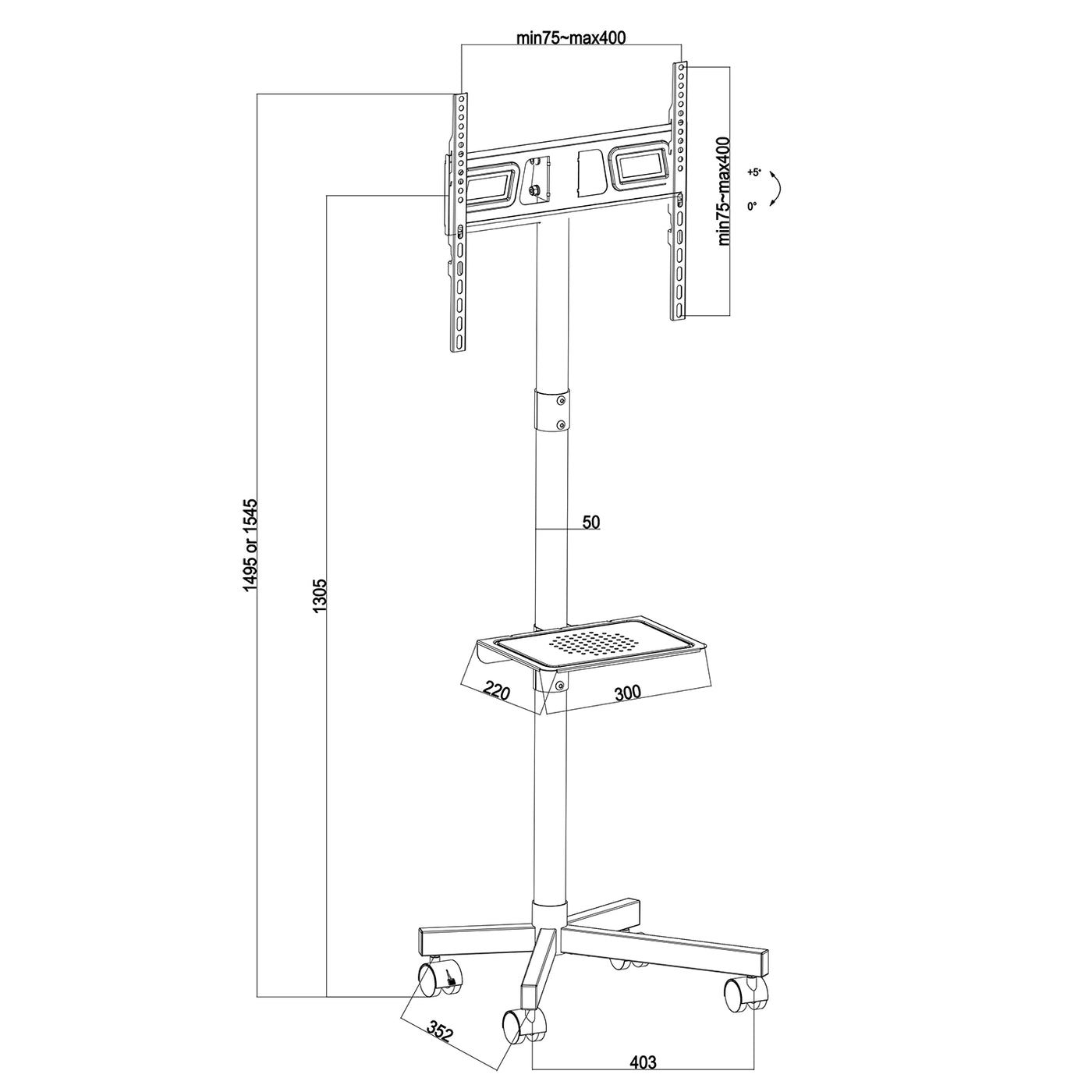 Maclean MC-949 Soporte TV Móvil con Ruedas, Apto para Televisores de 32 a 55'' hasta 25 kg máx. VESA 400x400, Soporte TV Universal