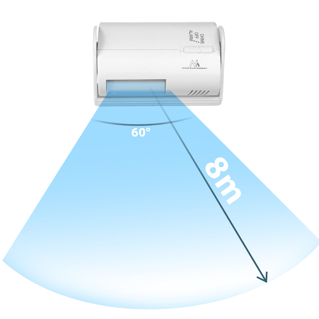 Maclean MCE311 W Dispositivo inalámbrico de señalización de entrada, Sensor PIR, Alcance 8 m, Alimentado por pila de 9 V CC, Volumen superior a 70 dB