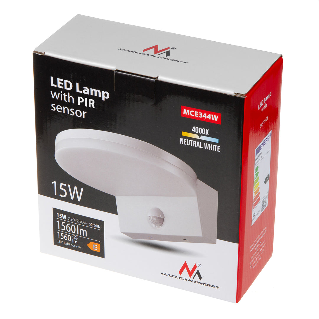 Maclean MCE344 W Lámpara LED con sensor de movimiento, sensor de movimiento PIR, blanco, 15W, IP65, 1560lm, blanco neutro (4000K)