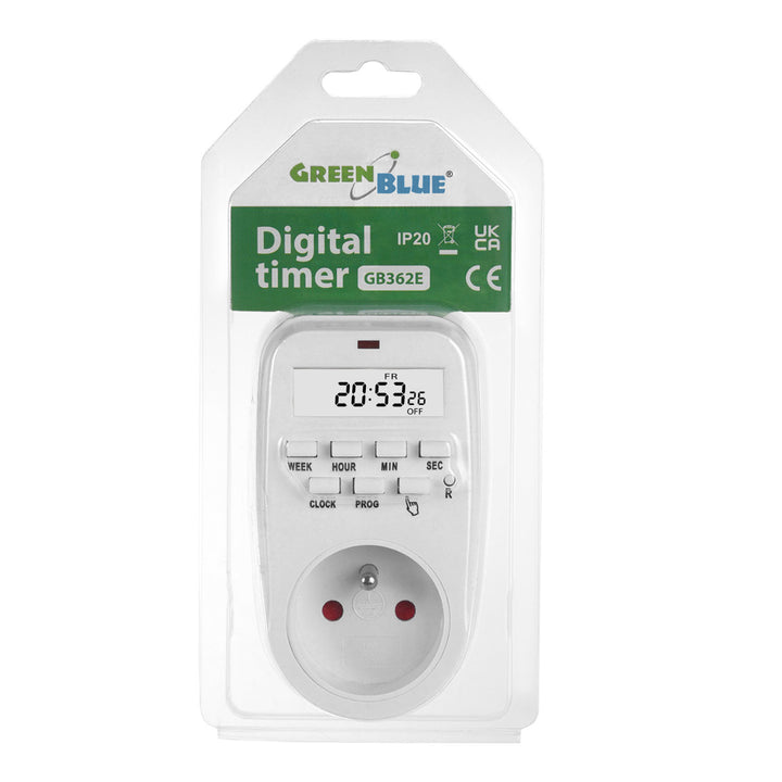 GreenBlue GB362 E Interruptor Temporizador Digital, 2 Modos de Funcionamiento, 8 Programas y 16 Combinaciones, Carga máx. 16A, 3680W, IP20