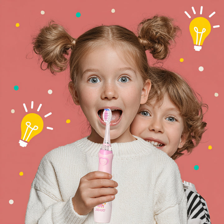 SEAGO Cepillo Dental Sónico Infantil, Color Rosa, 1xAA 1,5V (no incluido), 3 Puntas de Repuesto, SG-977 Rosa