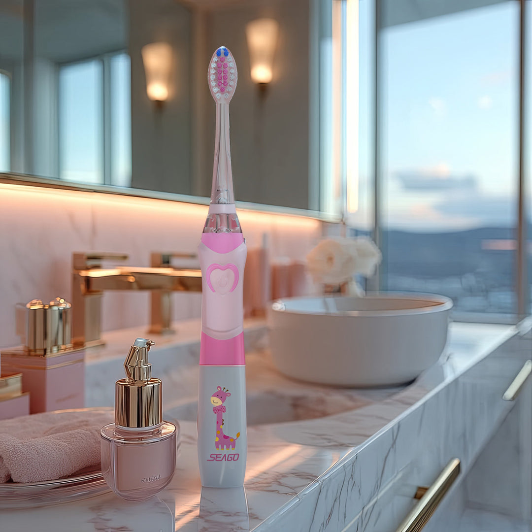 SEAGO Cepillo Dental Sónico Infantil, Color Rosa, 1xAA 1,5V (no incluido), 3 Puntas de Repuesto, SG-977 Rosa