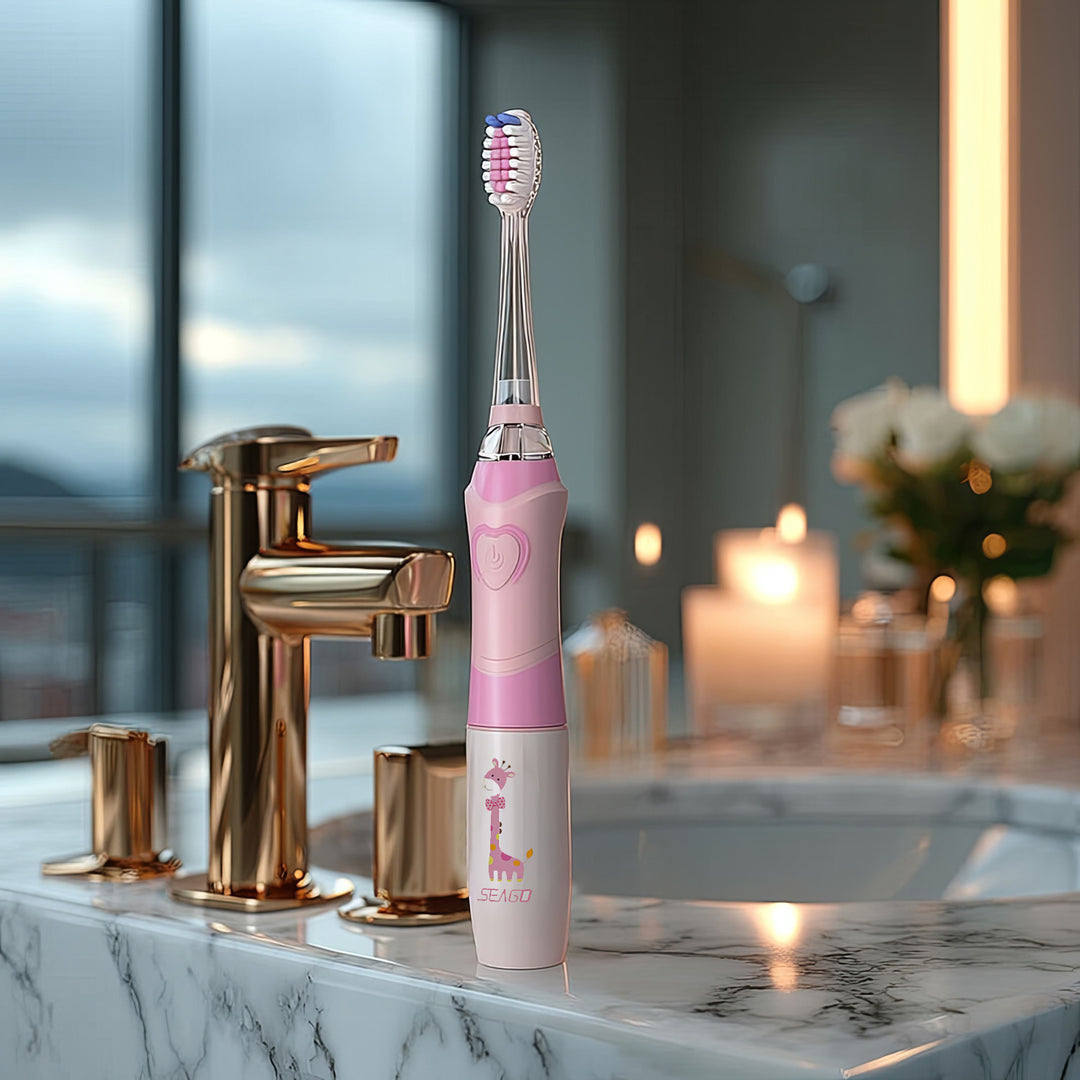 SEAGO Cepillo Dental Sónico Infantil, Color Rosa, 1xAA 1,5V (no incluido), 3 Puntas de Repuesto, SG-977 Rosa