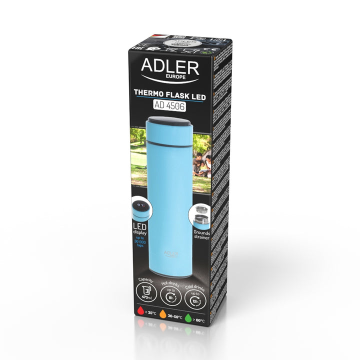 Termo Adler, pantalla táctil LED, capacidad 473 ml, color azul, AD 4506