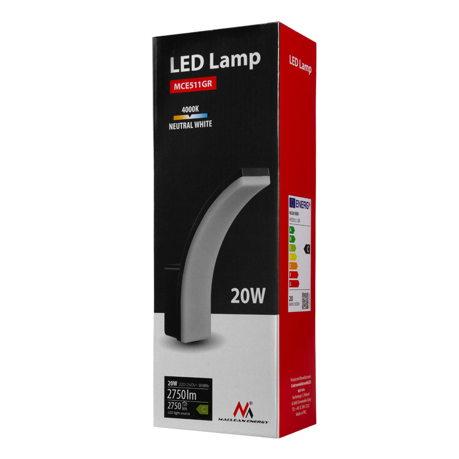 Luminária de parede LED Maclean MCE511 GR, iluminação de parede interior e exterior, luminária de parede, 20 W, IP65 à prova de água, 2750 lm, branco neutro 4000 K, alcance de deteção: máx. 10 m