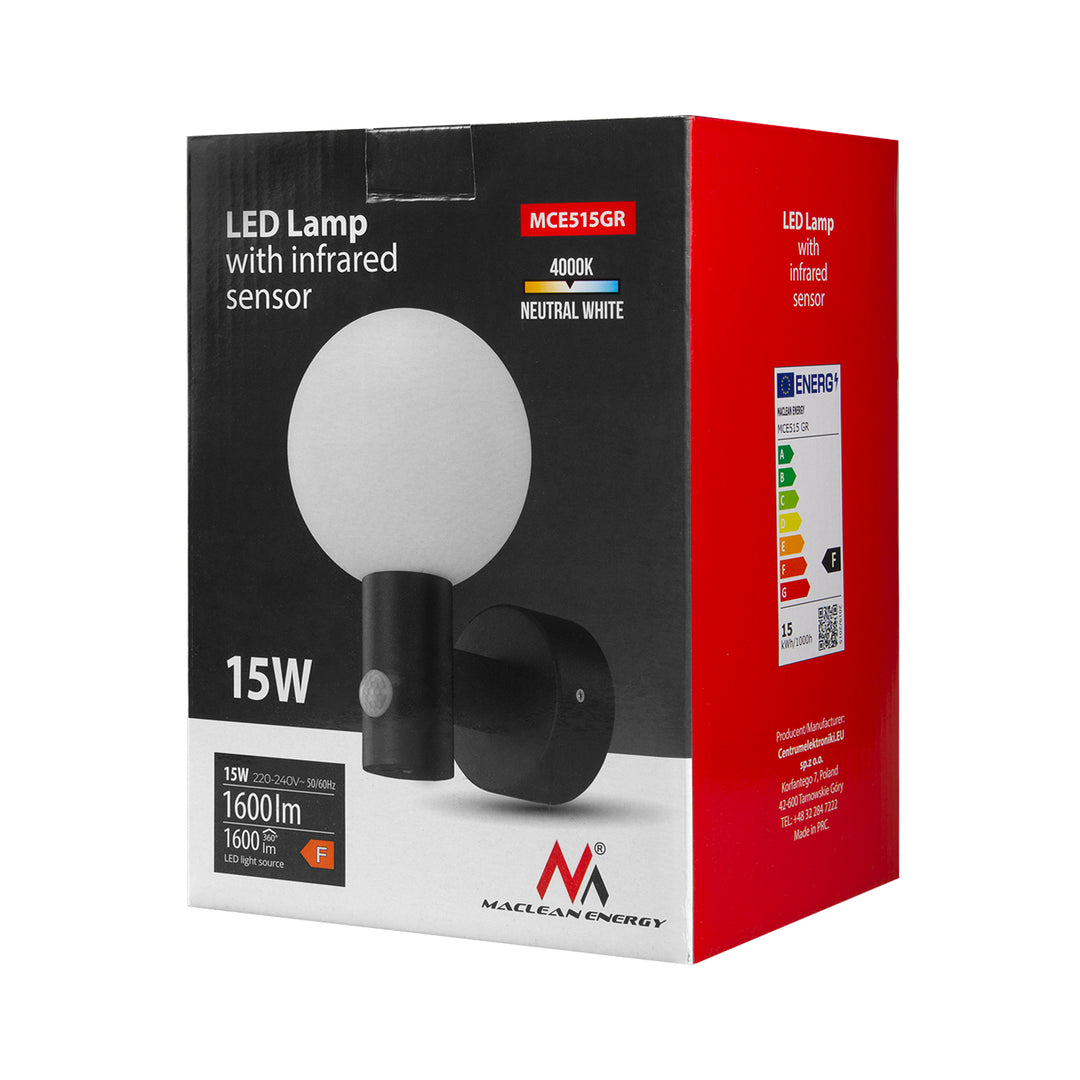 Maclean MCE515 GR Lámpara LED con detector de movimiento PIR, 15W, IP65, 1600lm, 4000K (Gris)