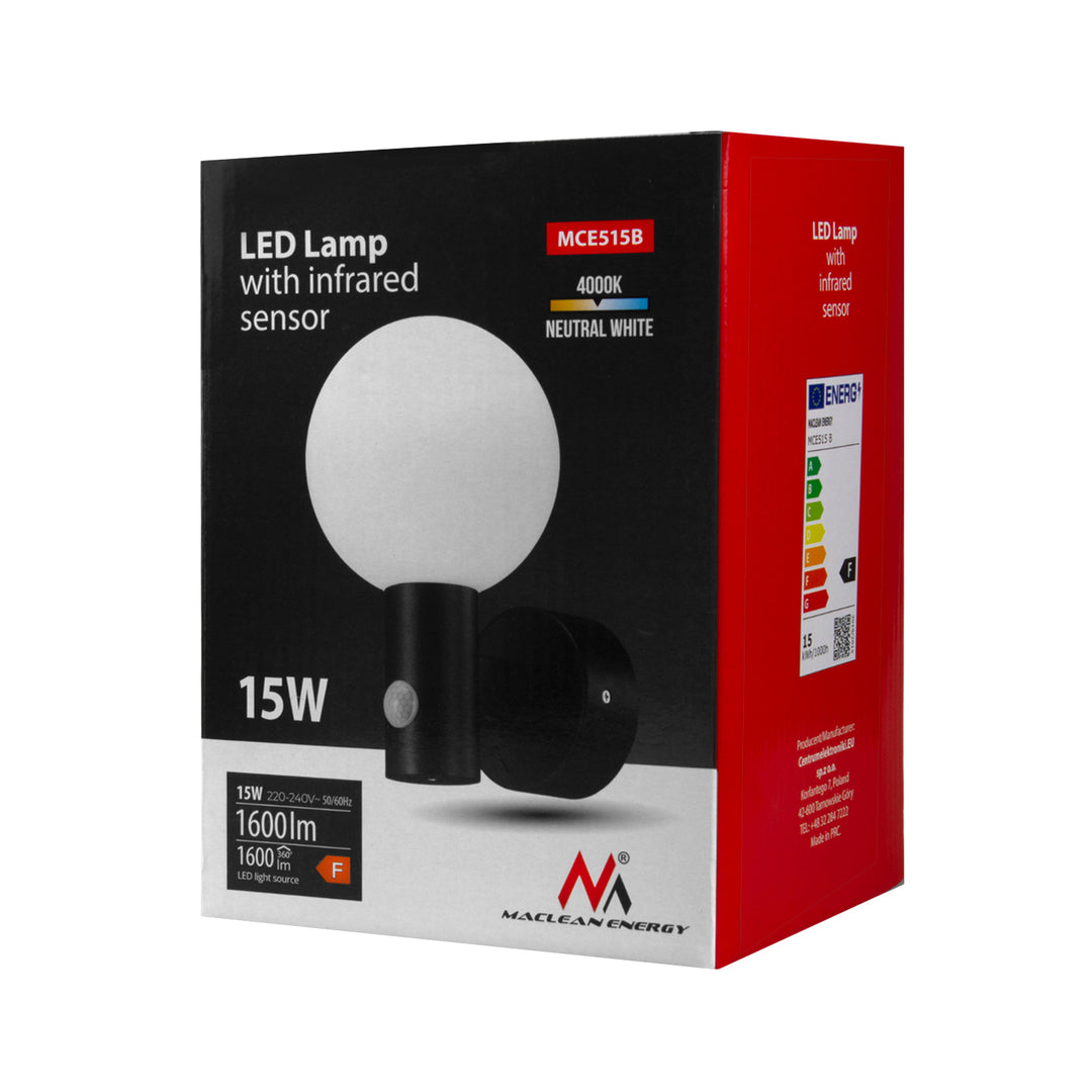 Maclean MCE515 B Lámpara LED con detector de movimiento PIR, 15W, IP65, 1600lm, 4000K (Negro)