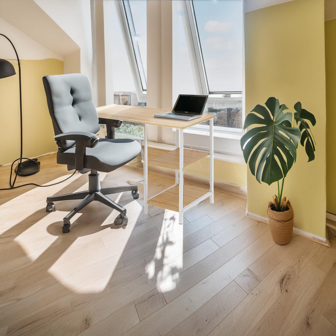 Maclean MC-411 W Escritorio Plegable Loft con Tablero y Dos Estantes, Carga máx. 150 kg, Dimensiones: 107x45x75 cm, Color Haya claro
