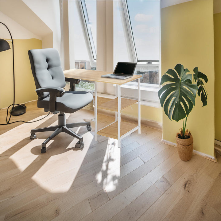 Maclean MC-411 W Escritorio Plegable Loft con Tablero y Dos Estantes, Carga máx. 150 kg, Dimensiones: 107x45x75 cm, Color Haya claro