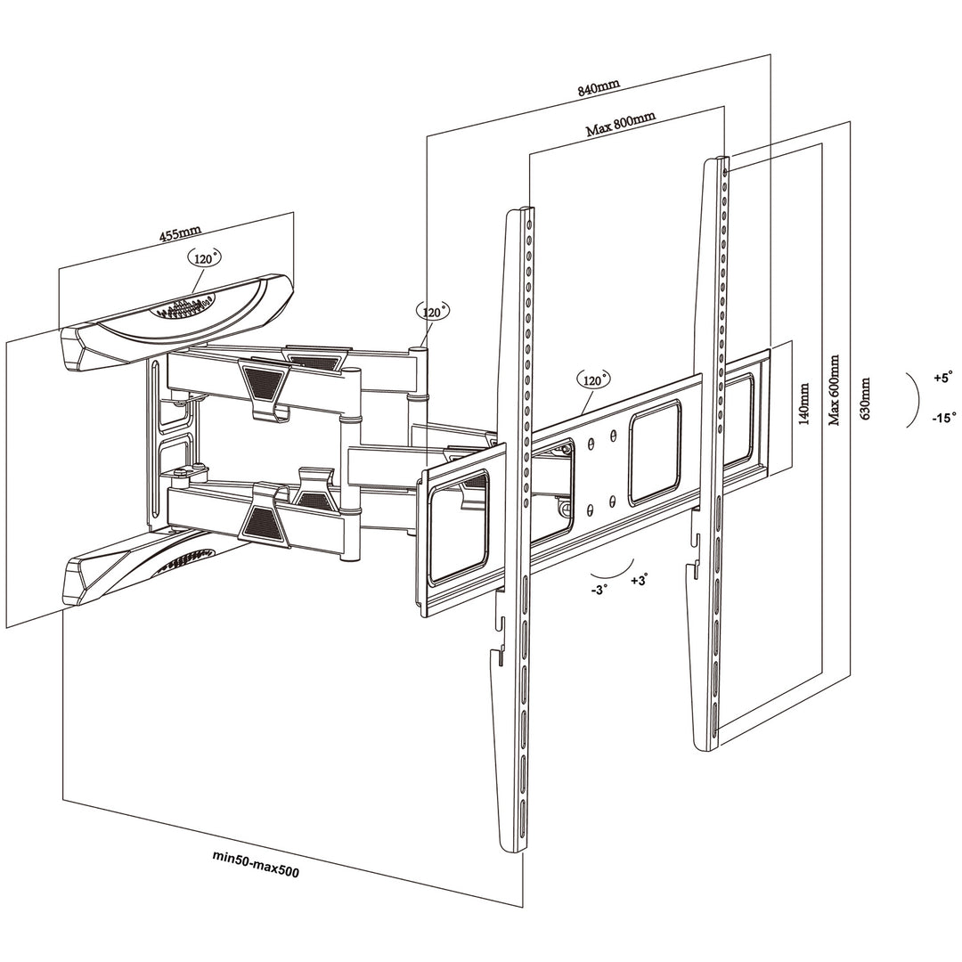 Maclean MC-423 Soporte de TV, Soporte de Pared para Pantallas de 43-100", VESA máx. 800x600, Carga máx. 80kg, Ajuste de Ángulo Horizontal y Vertical, Perfil 50-500mm