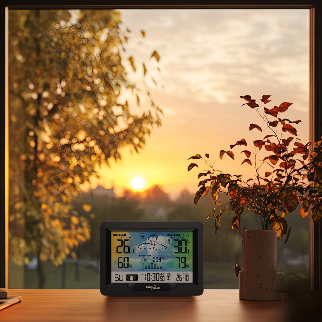 GreenBlue GB540N Estación Meteorológica Inalámbrica, en color, con DCF, Fases Lunares, Barómetro, Calendario, Fuente de Alimentación