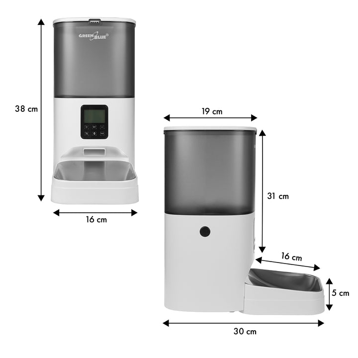 GreenBlue GB393 Dispensador de comida automático, Comedero para mascotas, Alimentador de 6L, USB 5V1A