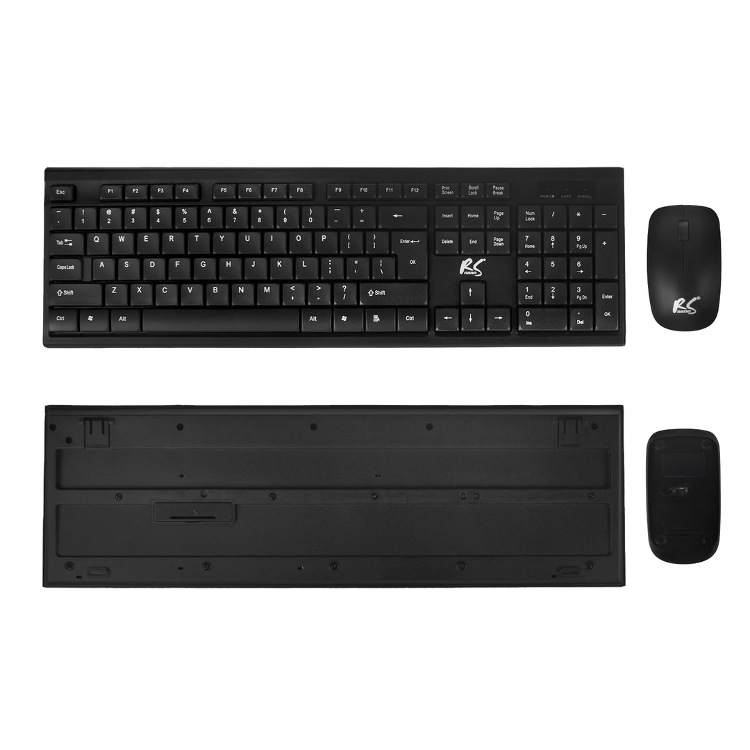 NanoRS Juego de Teclado QWERTY + Mouse Inalámbrico | Frecuencia de Funcionamiento: 2,4 GHz, Alcance: hasta 10 m | Resolución del Ratón: 1200 DPI | Receptor Nano USB | Diseño Plano, Funciona con Pilas, Color Negro