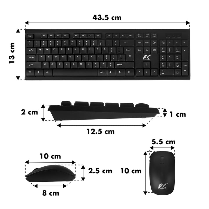 NanoRS Juego de Teclado QWERTY + Mouse Inalámbrico | Frecuencia de Funcionamiento: 2,4 GHz, Alcance: hasta 10 m | Resolución del Ratón: 1200 DPI | Receptor Nano USB | Diseño Plano, Funciona con Pilas, Color Negro