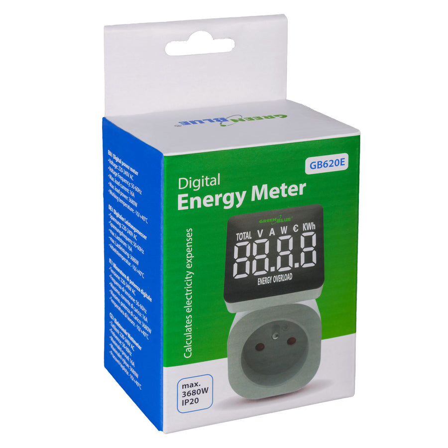 GreenBlue GB620 E Medidor de Consumo de Energia, Wattímetro, 16A, Carga Máxima 3680W, Submemória