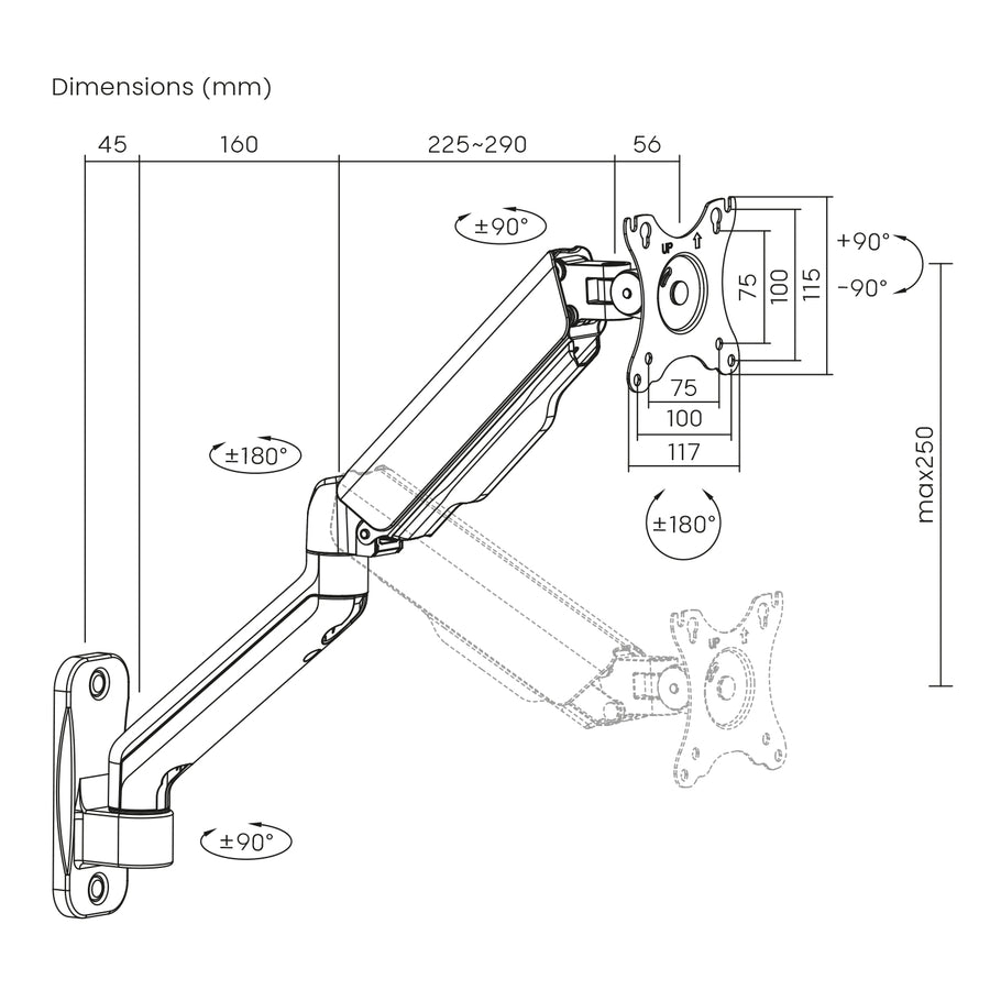 Suporte de parede universal para monitor Maclean MC-332 com dois braços | Ecrãs planos e curvos de 17 a 32 pol. | VESA 75x75 e 100x100 | Giratório, inclinável | Carga máxima de 9 kg