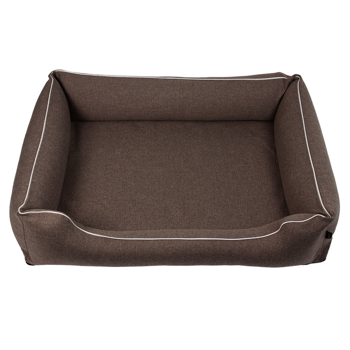 Mestizo Mallorca Standard Cama para Perros TwinFoam, Cesta para Perros, Sofá de Tela Tapizada, Funda Lavable (100x75 cm, Marrón con ribete blanco) SMTF-BRO-W-3