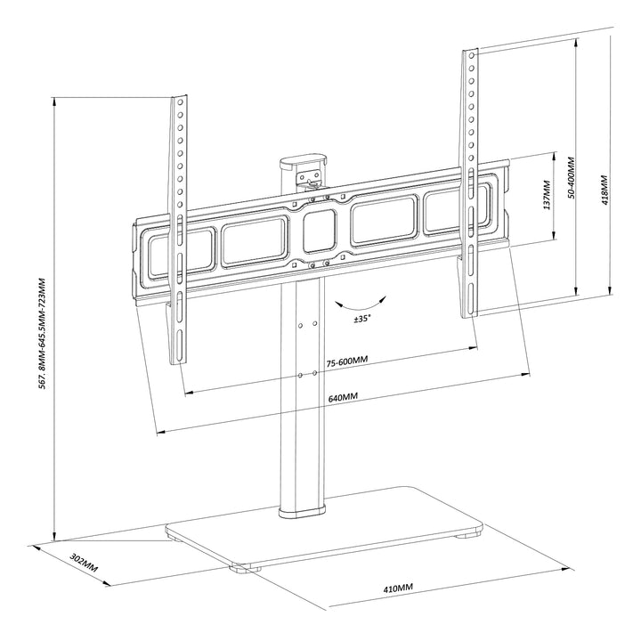 Maclean MC-386 Soporte TV Universal para Televisores de 32-75" hasta 40 kg, Regulable en 3 Alturas, Max. VESA 600x400 mm, Soporte TV, Base de Vidrio Templado