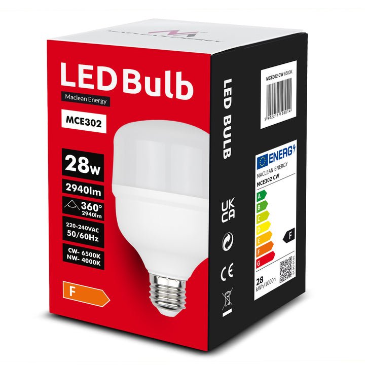 4 bombillas LED Maclean, E27, 28 W, 220-240 V CA, blanco frío, 6500 K, 2940 lm, MCE302 CW