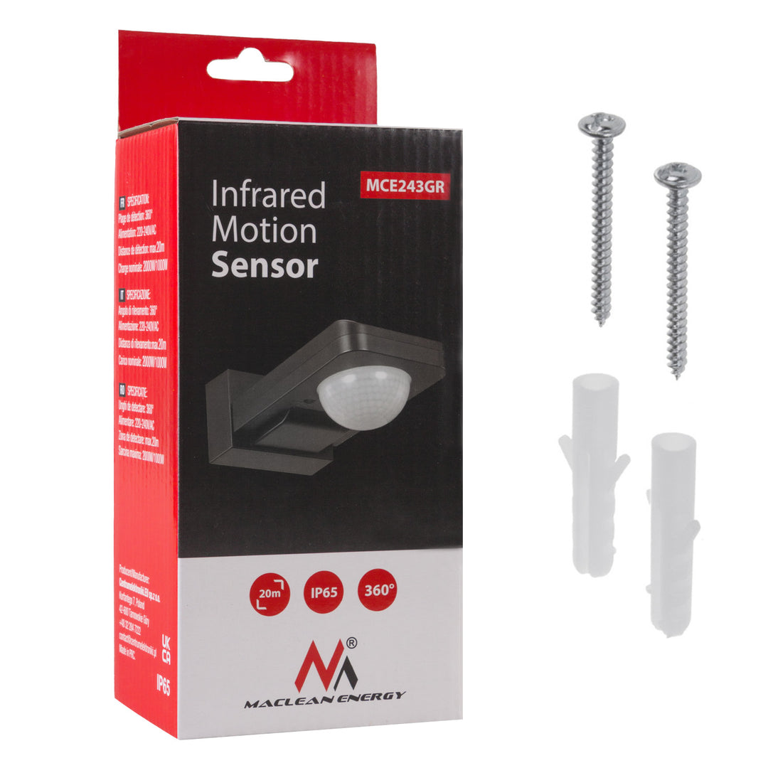 Maclean MCE243 GR Sensor de Movimiento por Infrarrojos y Crepuscular, Rango de Detección de 360° hasta 20 m, Protección IP65 Contra Agua y Polvo, Máx. 2000W, Infrarrojo PIR, Interior y Exterior