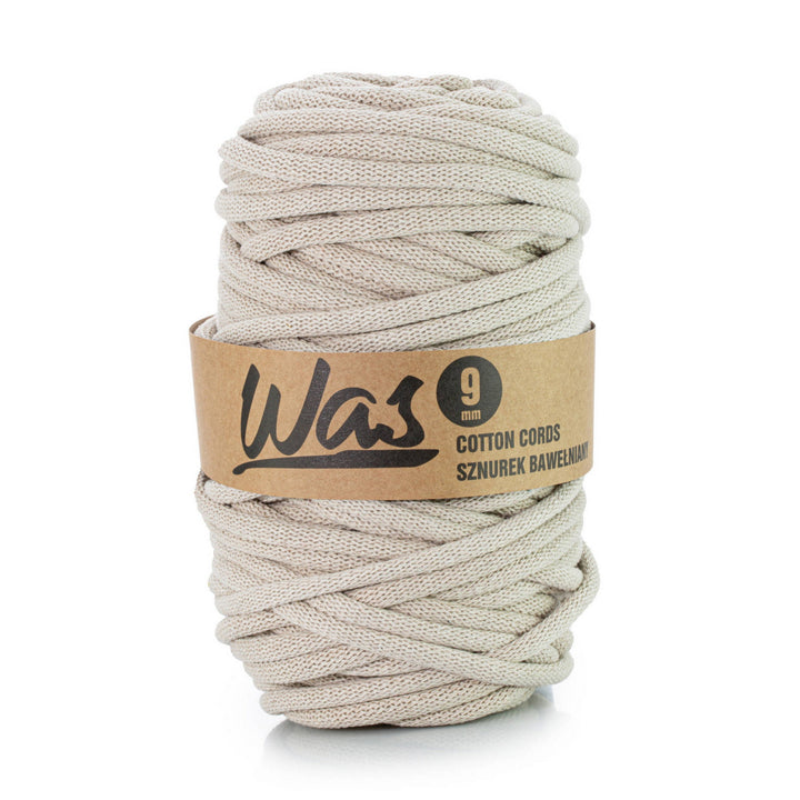 WAS Cordón de algodón con alma de poliéster, Trenzado, 9 mm, 50 m, Color beige claro