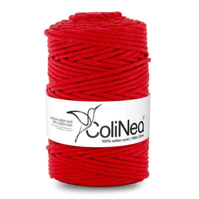ColiNea Cordón de algodón con núcleo de algodón, Trenzado, 5 mm, 100 m, Color rojo
