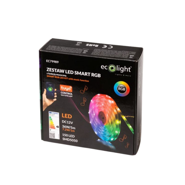 EcoLight Tira LED de colores RGB, 36W, 5m, IP20, Tuya, Mando a distancia, EC79989