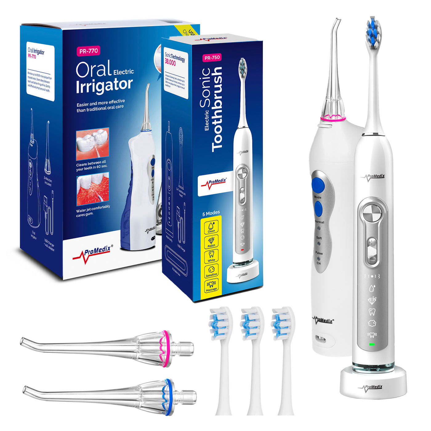 Irrigador sin cable, 2 puntas, blanco, Promedix PR-770 W + Cepillo de dientes sónico, blanco, 3 niveles de potencia, 3 puntas, Promedix PR-750 W