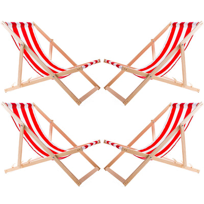 Conjunto de 4 espreguiçadeiras Woodok em madeira de faia para praia, jardim, varanda e terraço, dobráveis, até 120 kg, riscas vermelhas