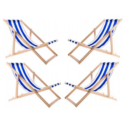 Conjunto de 4 espreguiçadeiras Woodok em madeira de faia para praia, jardim, varanda e terraço, dobráveis, até 120 kg, riscas azuis