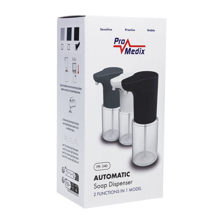 ProMedix Dispensador automático, Contenedor dispensador para jabones líquidos, Líquidos desinfectantes, 300ml, 4xAA, negro, PR-540 B