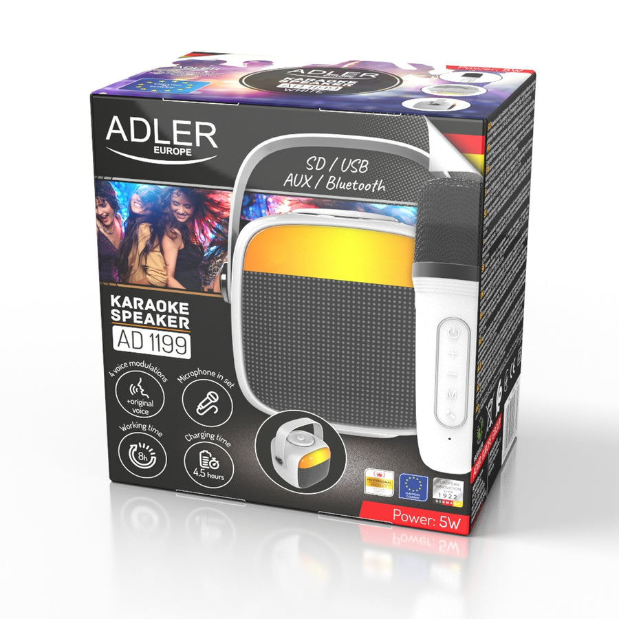 Coluna de som sem fios para karaoke Adler AD 1199 W com microfone e Bluetooth