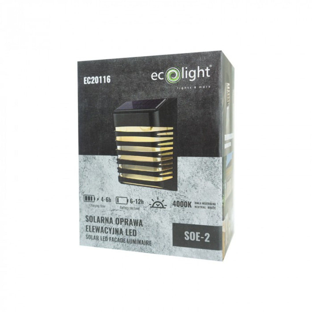 EcoLight Luminaria LED, Aplique solar, 20lm, 4000K, IP64, Color negro, SOE-2