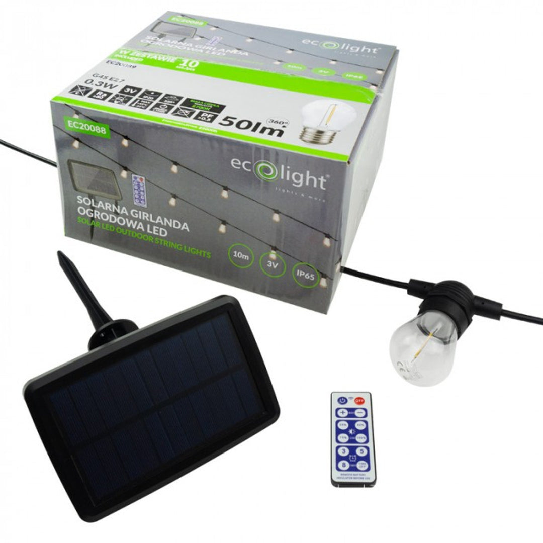 EcoLight Guirnalda Solar de Jardín LED, 10 bombillas E27, 2700K, EC20088