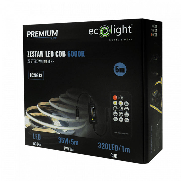 EcoLight Tira de LED, 5m, IP20, 6000K blanco frío, Fuente de alimentación, Mando a distancia, EC20813