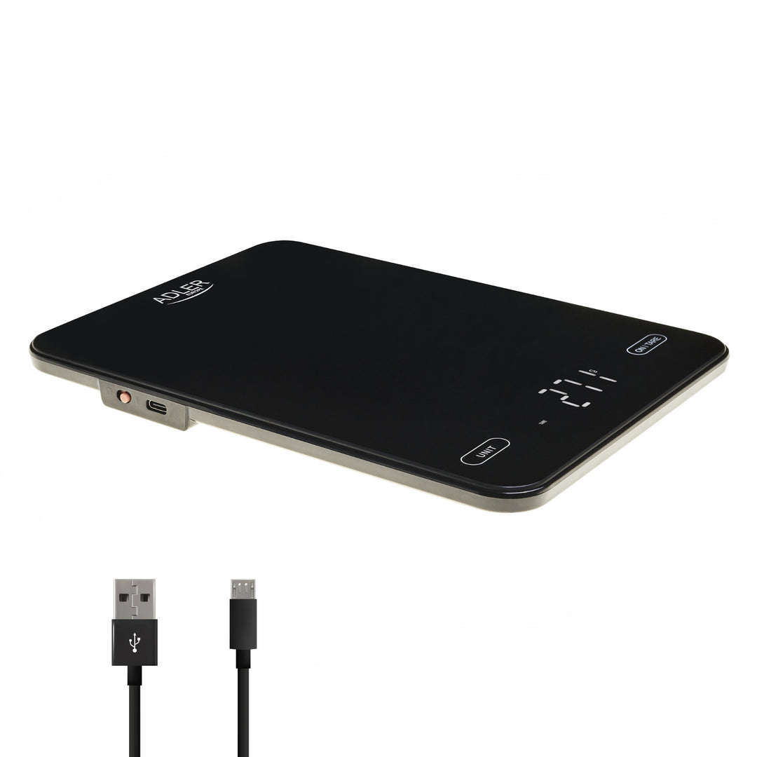 Báscula de cocina, Adler, negra, 10 kg, recargable por USB, AD 3177
