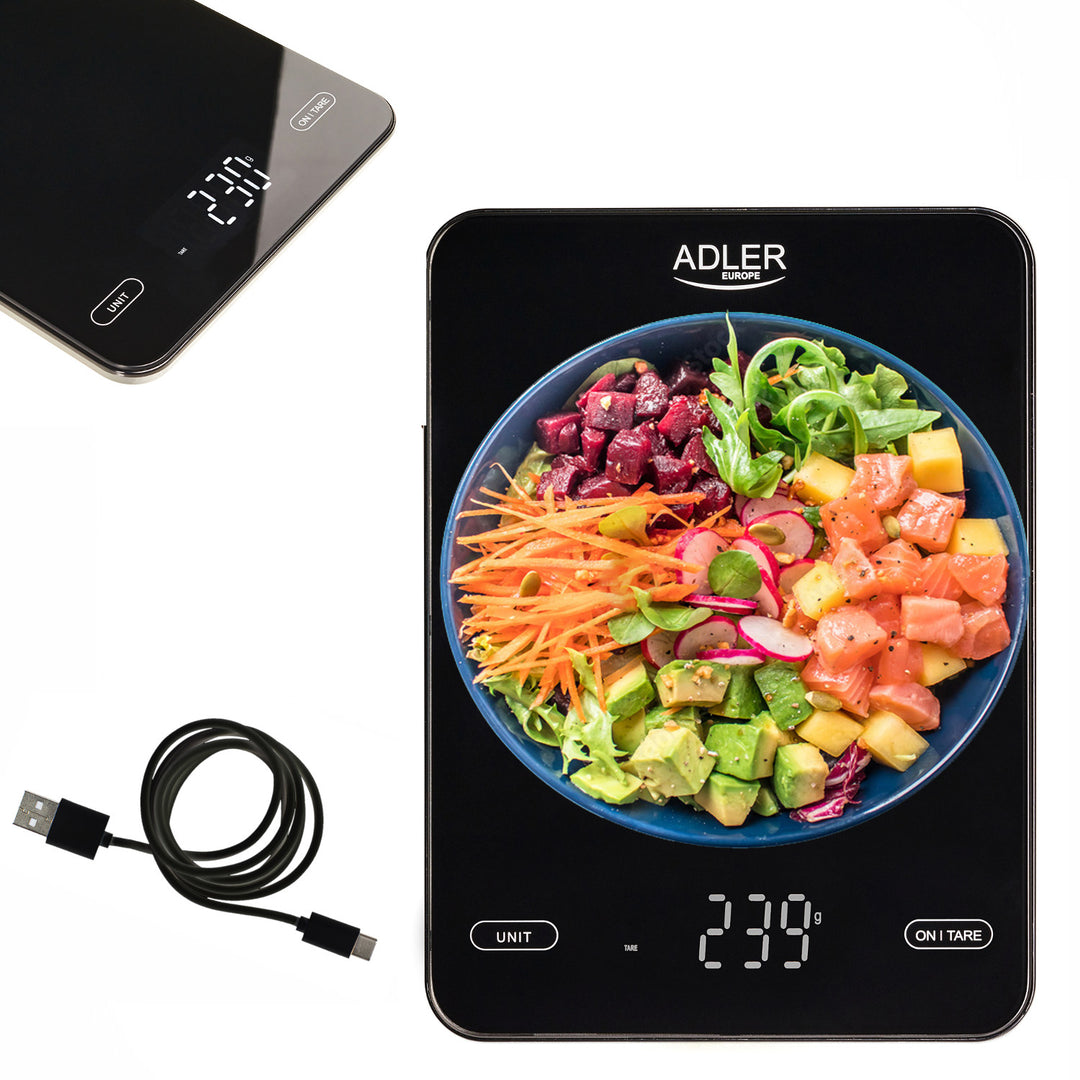Báscula de cocina, Adler, negra, 10 kg, recargable por USB, AD 3177