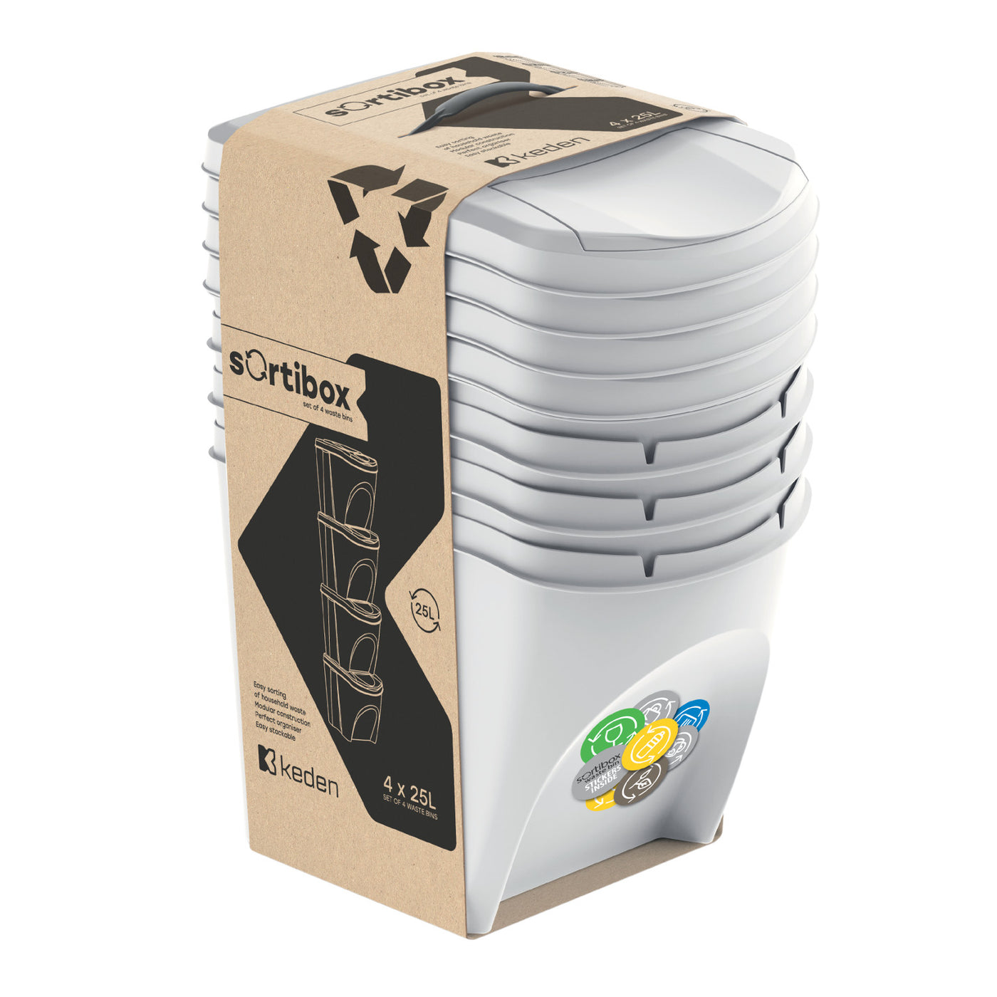 Keden Sortibox Juego de cubos de basura, Sistema de clasificación, reciclaje, 4x25L, Color ceniza, IKWB25S4