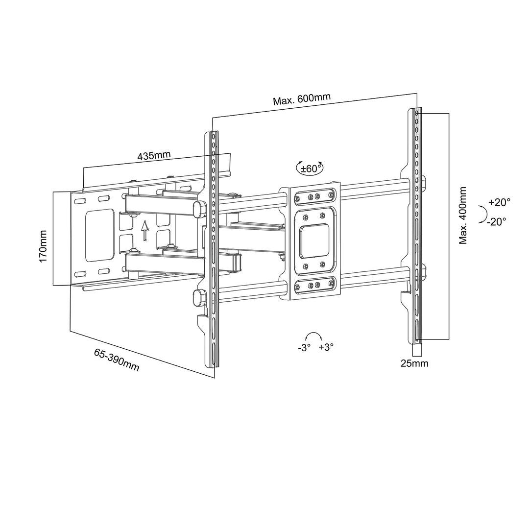 Suporte TV Maclean, Max VESA 600x400, 32-85", 60 kg, Ajuste de ângulo horizontal e vertical, Perfil 65-390 mm, Preto, MC-789