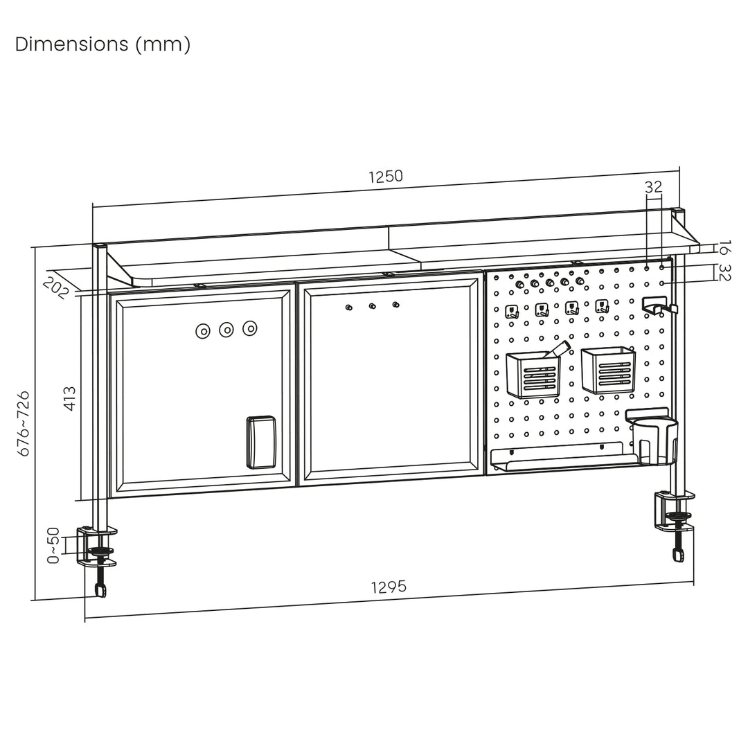 Organizador/Divisório de Mesa Ergo Office ER-300 B, Carga Máxima 10 kg, Branco e Cortiça, Largura 1250 mm, Preto