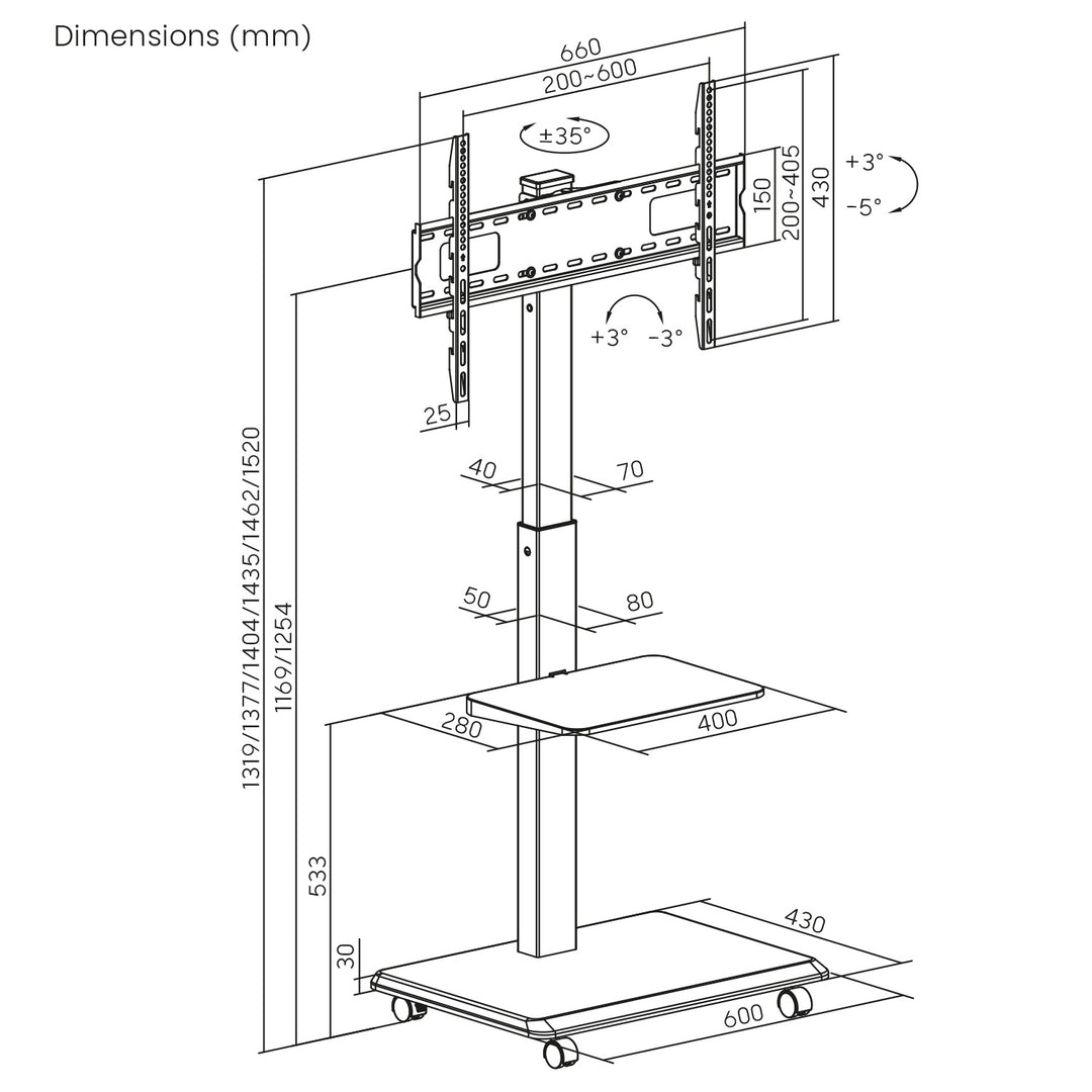 Soporte de TV / carro Ergo-Office, carga máx. 50 kg / estante de 5 kg, máx. VESA 600x400, regleta de enchufes integrada, negro, ER-304 B VESA 600x400, regleta de enchufes integrada, negro, ER-304 B