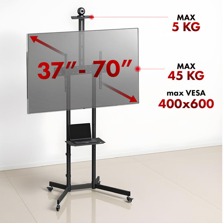 Suporte/carrinho TV Maclean, prateleira para câmara, sobre rodas, 37-70", carga máxima de 45 kg/prateleira de 5 kg, VESA máx. 600x400, MC-113 B