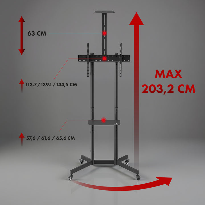 Suporte/carrinho TV Maclean, prateleira para câmara, sobre rodas, 37-70", carga máxima de 45 kg/prateleira de 5 kg, VESA máx. 600x400, MC-113 B