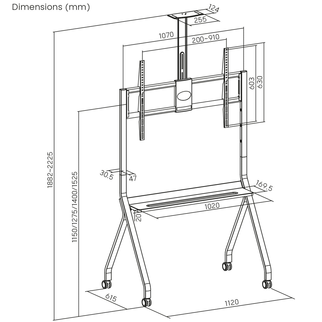 Suporte/carrinho TV Maclean, prateleira para câmara, com rodas, 55-100", carga máxima 120 kg/prateleira de 10 kg, máx. VESA 900x600, preto, MC-114 B VESA 900x600, preto, MC-114 B