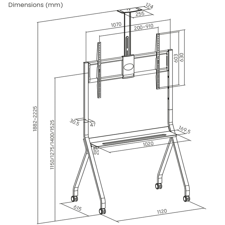 Suporte/carrinho TV Maclean, prateleira para câmara, com rodas, 55-100", carga máxima 120 kg/prateleira de 10 kg, máx. VESA 900x600, preto, MC-114 B VESA 900x600, preto, MC-114 B