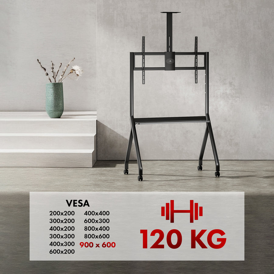 Suporte/carrinho TV Maclean, prateleira para câmara, com rodas, 55-100", carga máxima 120 kg/prateleira de 10 kg, máx. VESA 900x600, preto, MC-114 B VESA 900x600, preto, MC-114 B