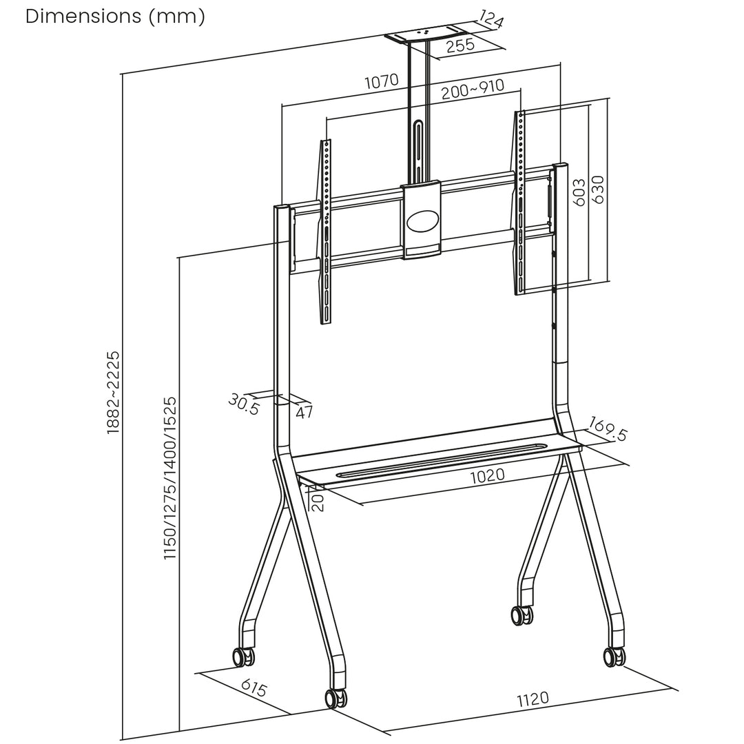Suporte/carrinho TV Maclean, prateleira para câmara, sobre rodas, 55-100", carga máxima 120 kg/prateleira de 10 kg, VESA máx. 900x600, branco, MC-114 W