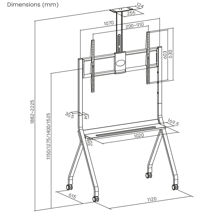 Suporte/carrinho TV Maclean, prateleira para câmara, sobre rodas, 55-100", carga máxima 120 kg/prateleira de 10 kg, VESA máx. 900x600, branco, MC-114 W
