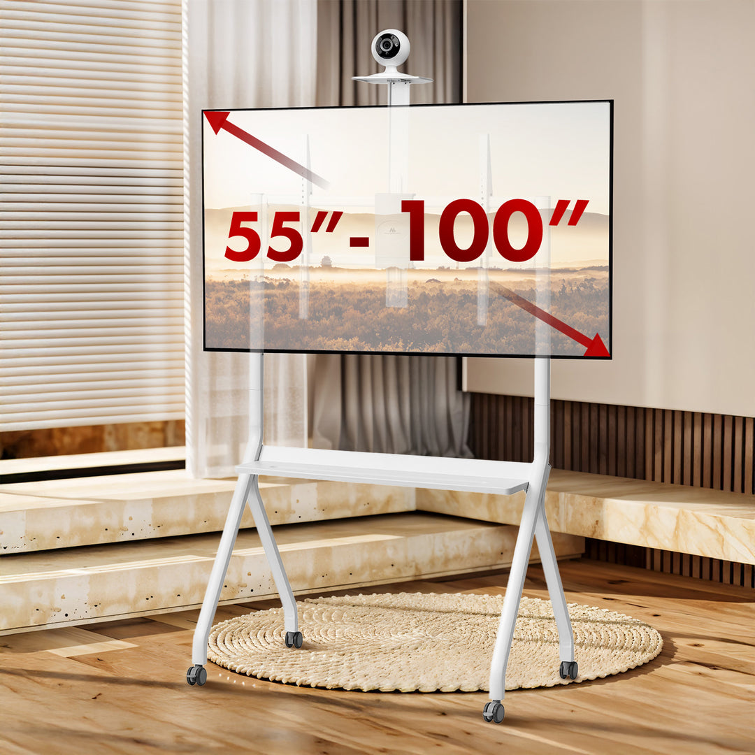Suporte/carrinho TV Maclean, prateleira para câmara, sobre rodas, 55-100", carga máxima 120 kg/prateleira de 10 kg, VESA máx. 900x600, branco, MC-114 W